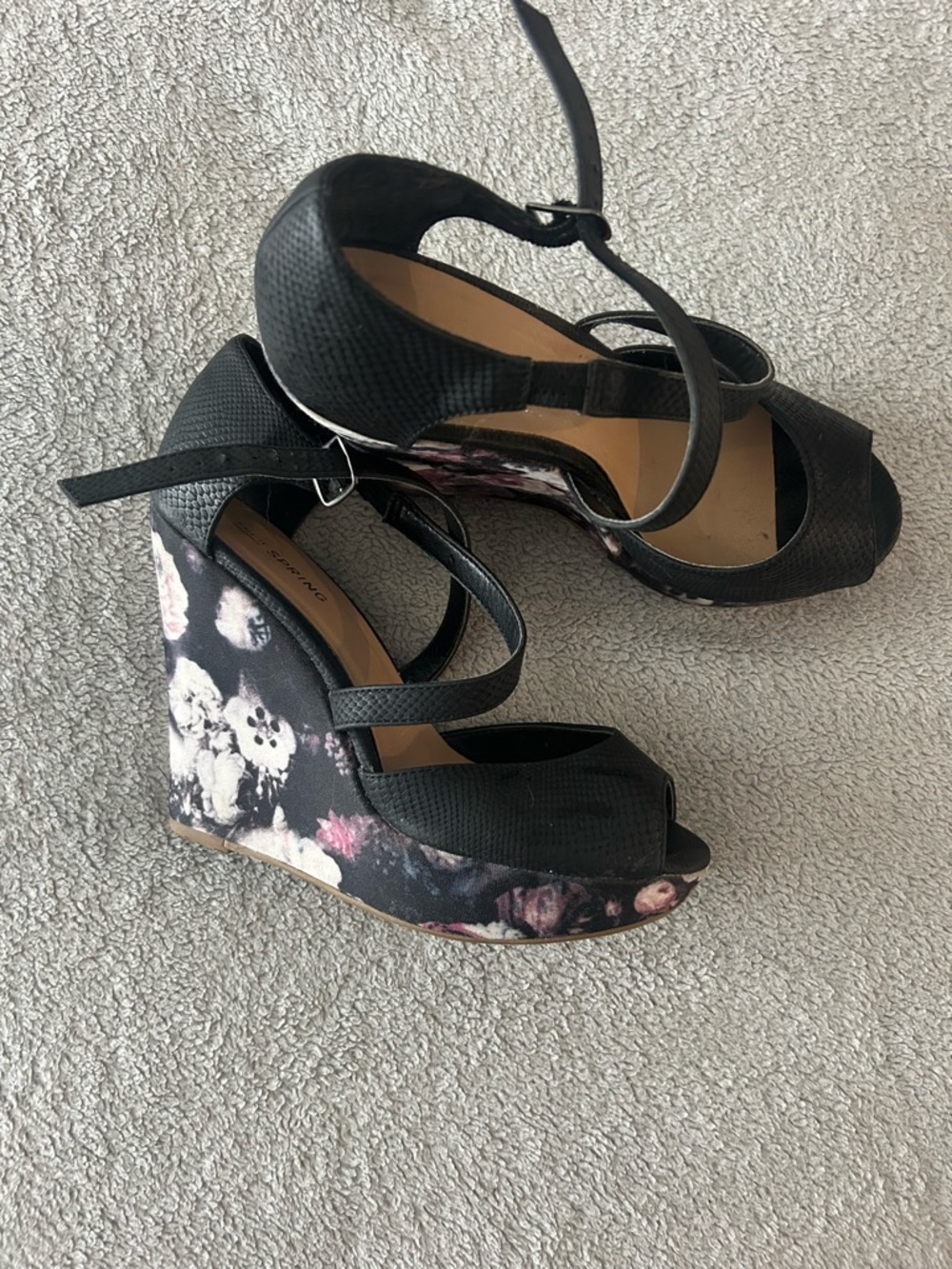 Call It Spring Black Floral Print Wedge Sandals with Ankle Strap